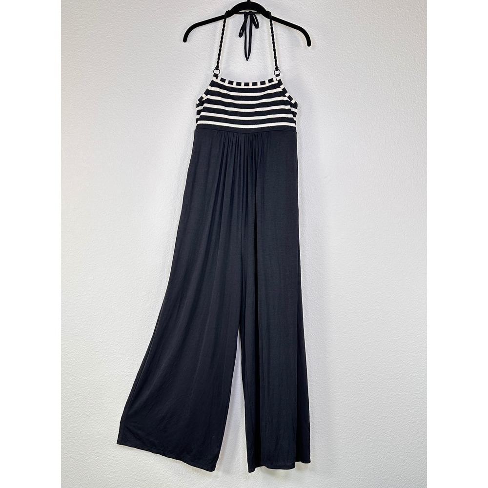 Robin Piccone Carmen Jumpsuit Halter Wide Leg Striped Bodice Black Resort Small‎